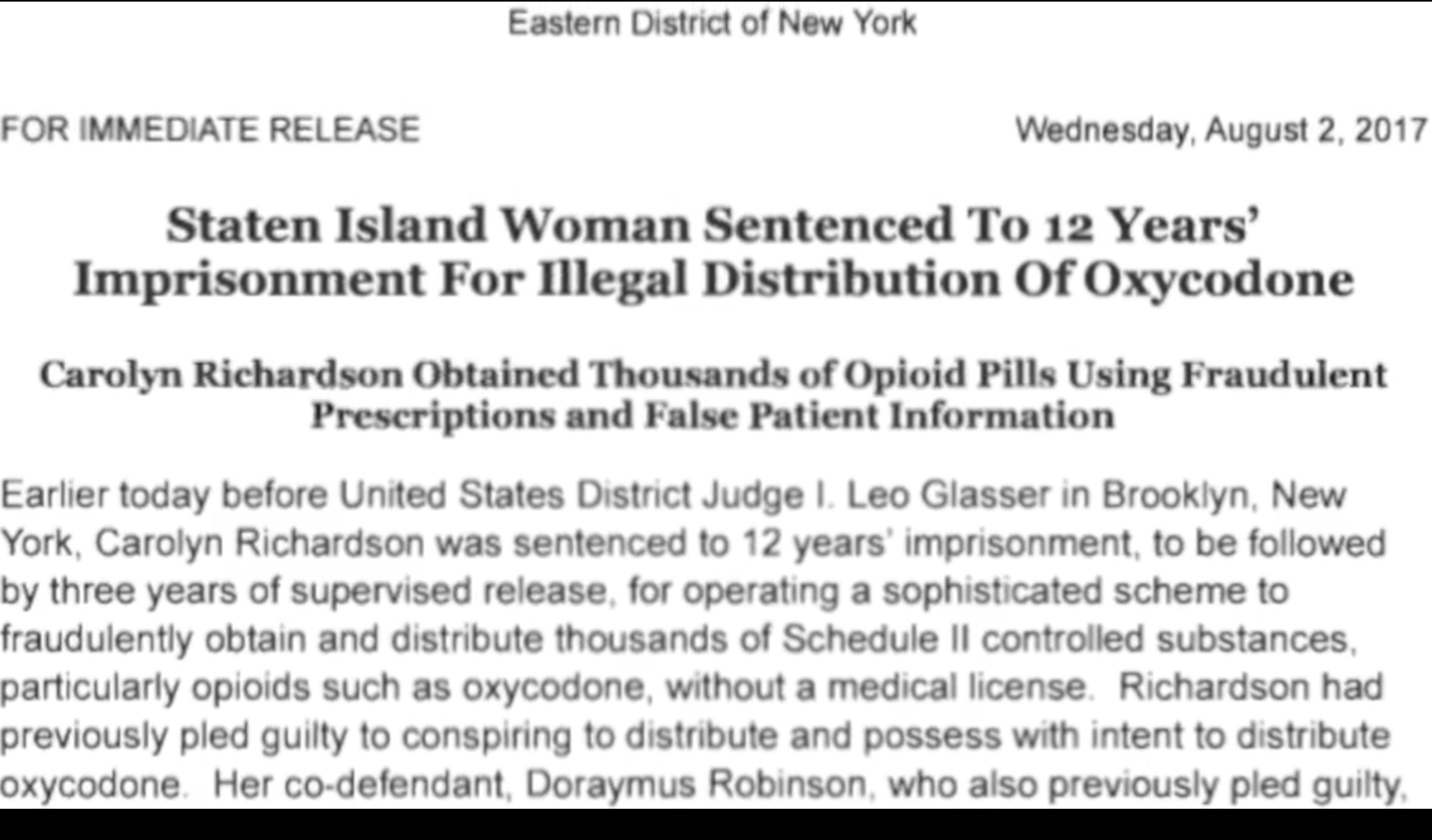 Staten Island Woman sentenced to 12 years imprisonment for illegal distribution of oxycodone