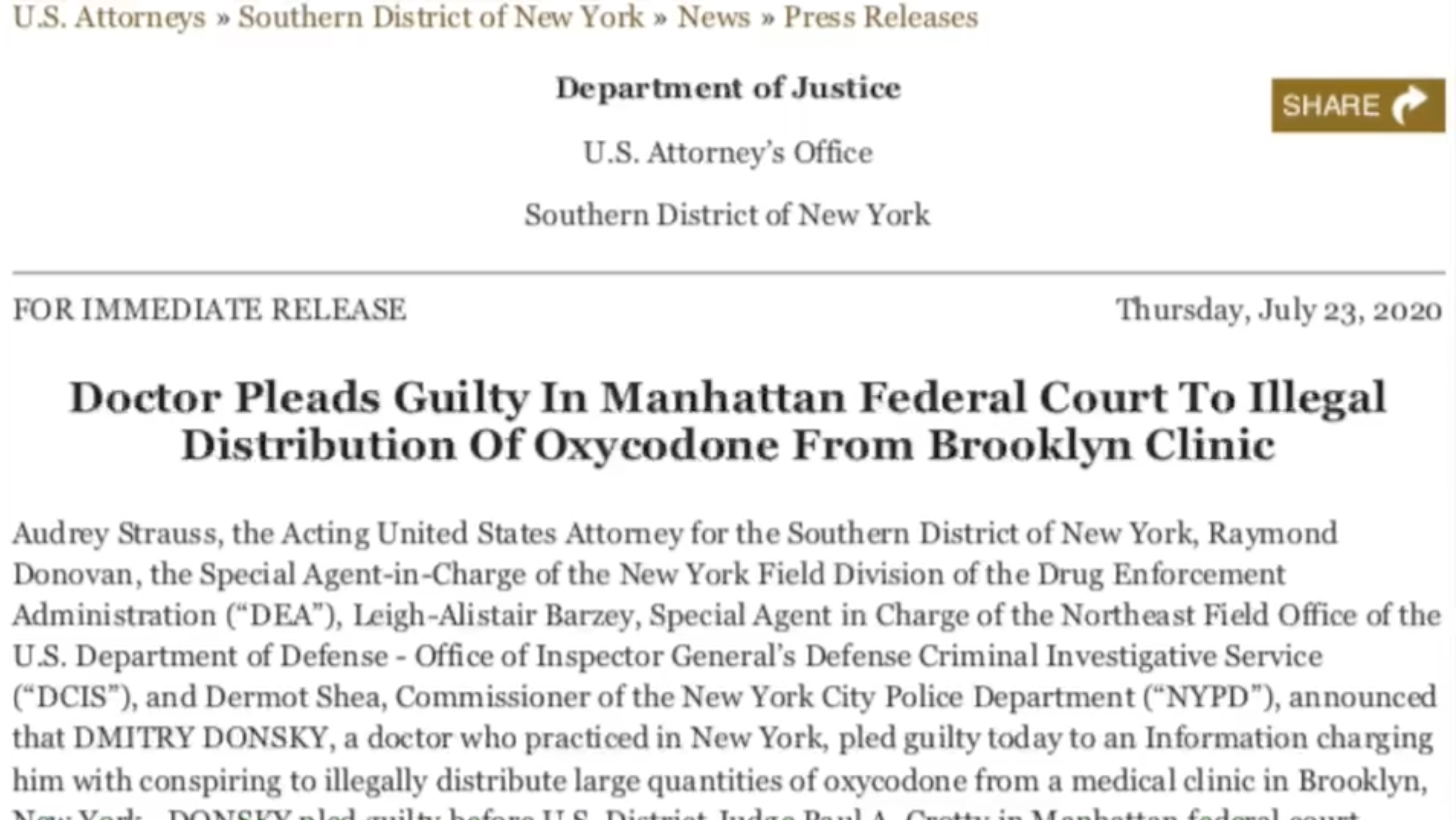 Doctor pleads guilty in Manhattan federal court to illegal distribution of oxycodone from Brooklyn clinic