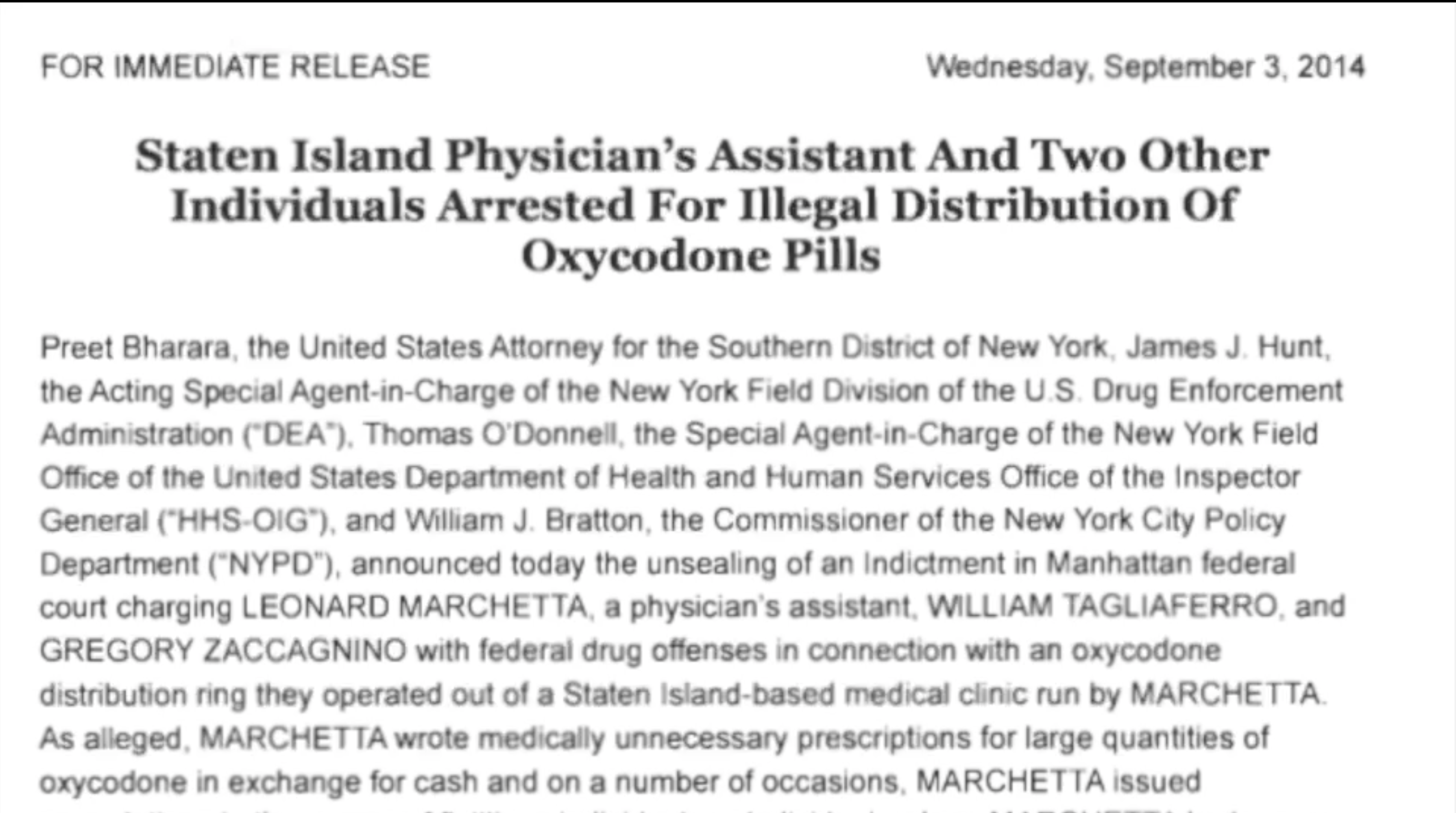 Staten Island Physician's assistant and two other individuals arrested for illegal distribution of oxycodone pills
