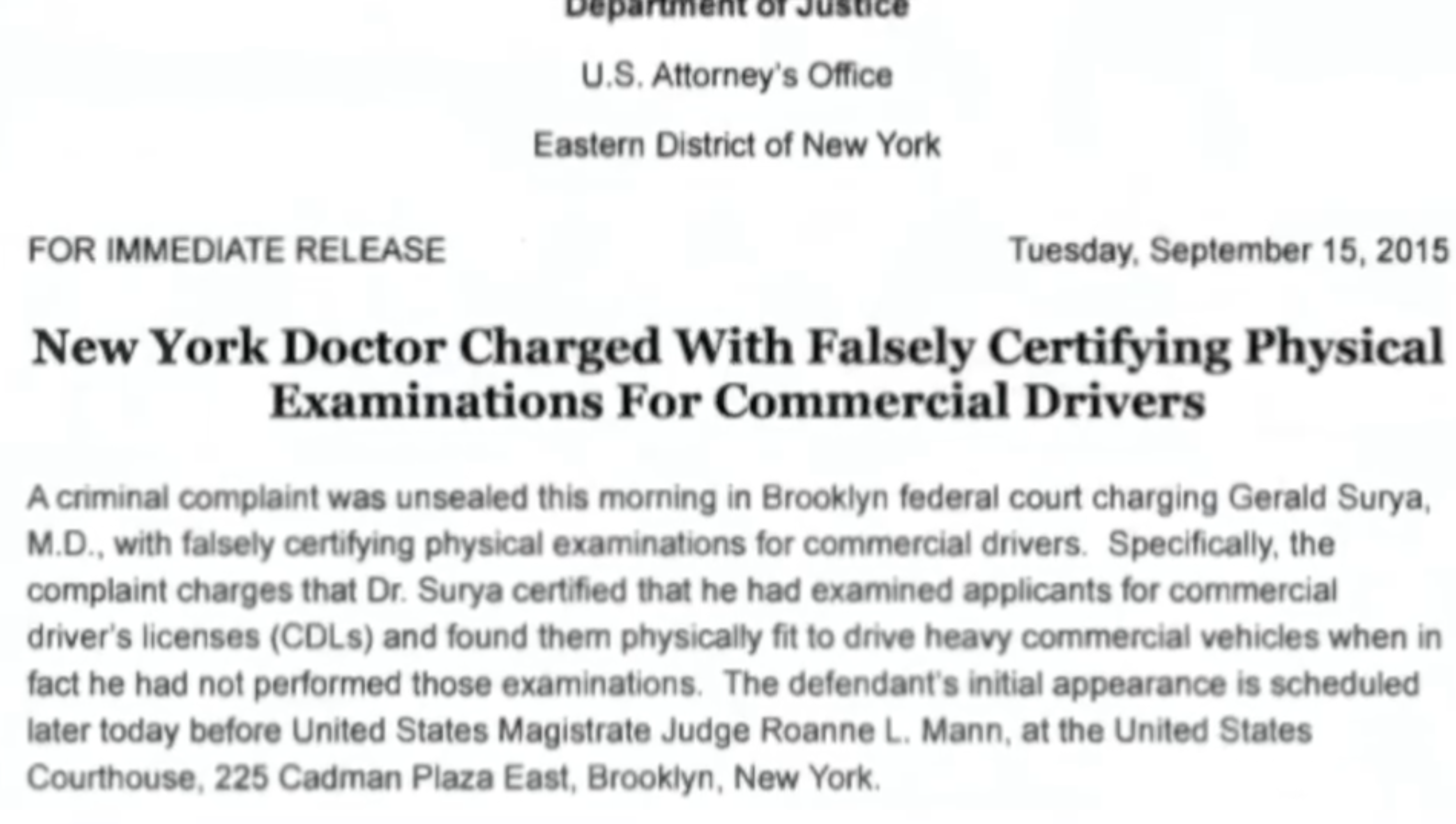 New York doctor charged with falsely certifying physical examinations for commercial drivers